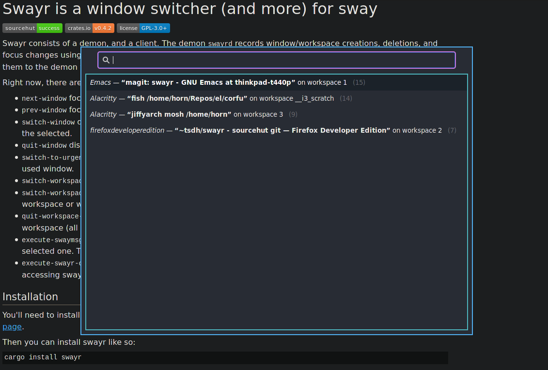 A screenshot of swayr switch-window