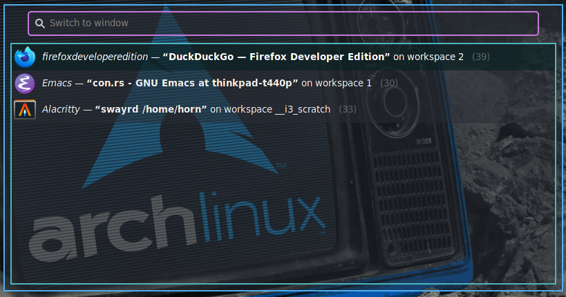A screenshot of swayr switch-window
